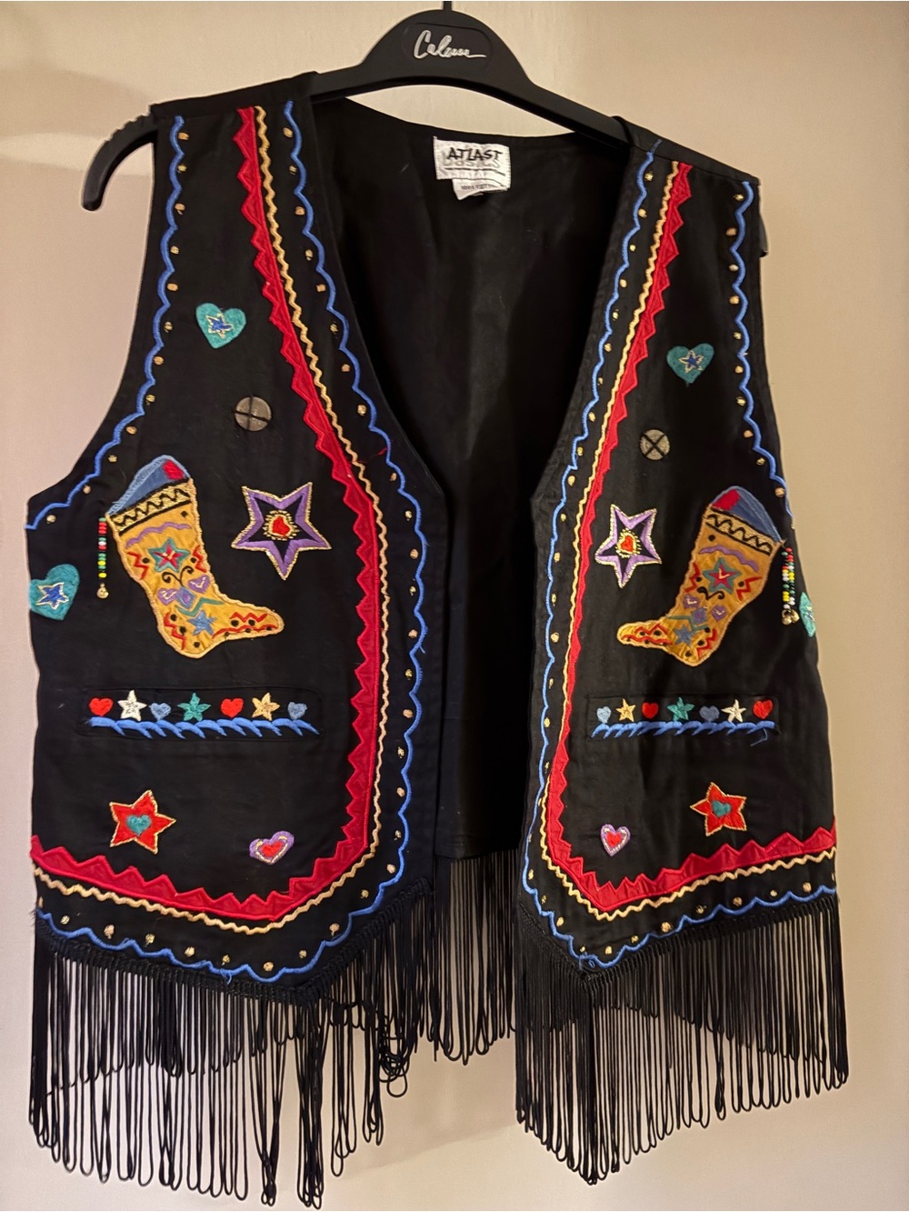 At Last Black Embroidered Western Fringe Vest with Bright Motifs